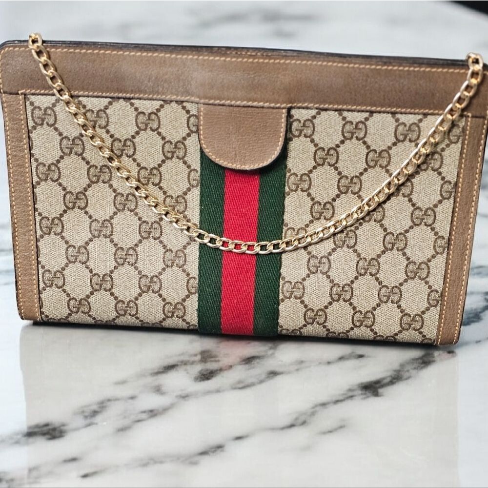 GUCCI Web Supreme Coated Canvas Crossbody or Sherry Line Clutch Bag